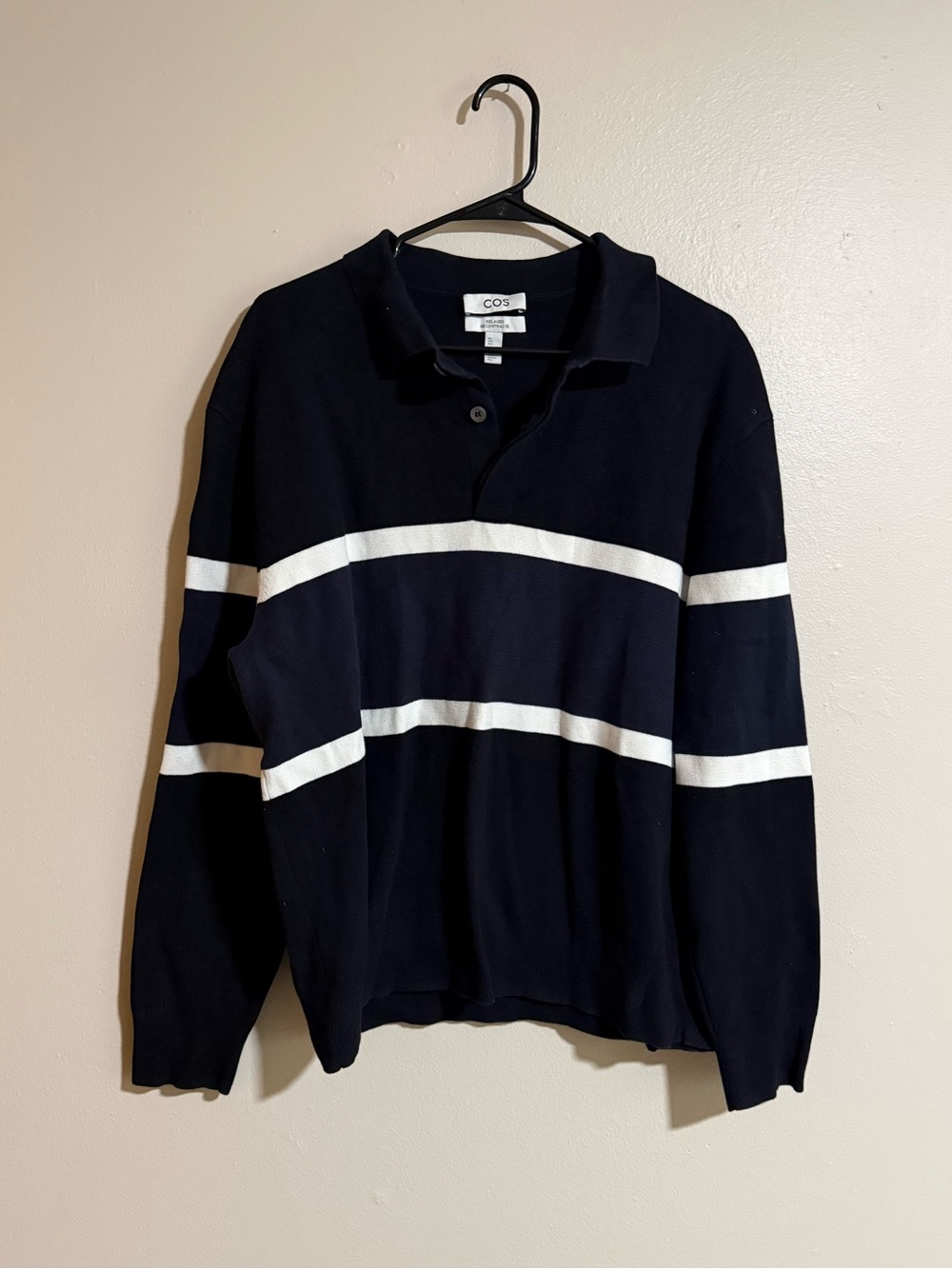 COS Navy and White Relaxed-Fit Striped Polo Sweater Size Large